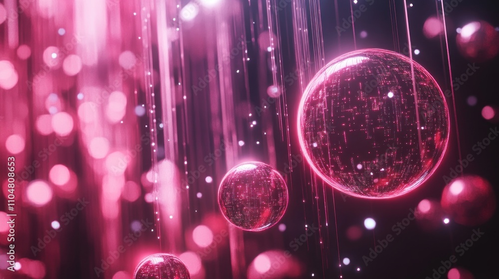 Poster abstract visualization of glowing spheres and light particles in a vibrant, digital space.