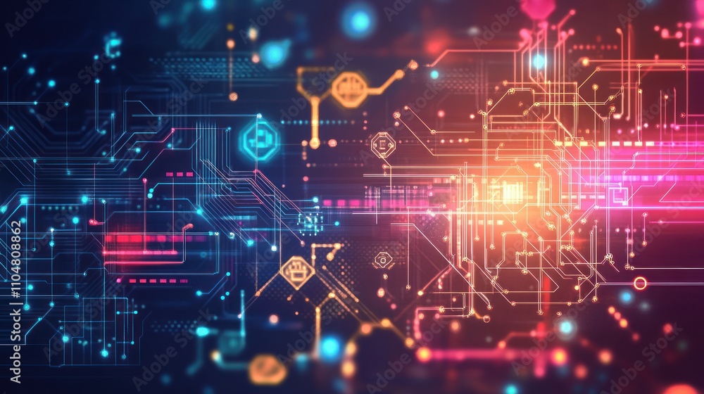 Aufkleber abstract digital circuit design with vibrant colors and glowing elements.
