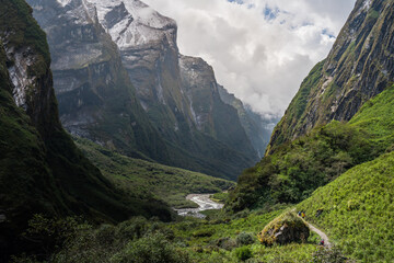 Obraz premium Low angle view of trekking in Himalayan valley, Nepal