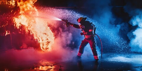 Fire incident in a building, motion pictures of a firefighter putting out the fire with water hoses