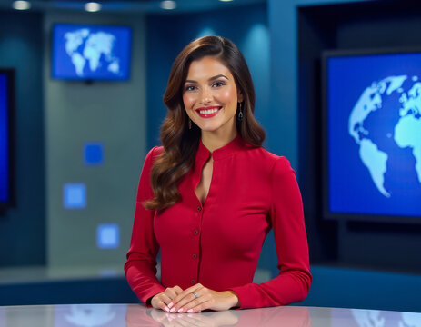 TV presenter woman in the newsroom, newscaster anchor behind the desk