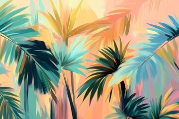 Fototapeta premium Tropical Palm Leaves in Vibrant Green Blue Yellow with Pastel Peach Pink Background for Card Wallpaper