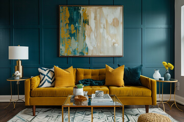 Sophisticated living room with dark teal walls, a mustard-yellow sofa, and gold-accented coffee tables. home interior design concept 