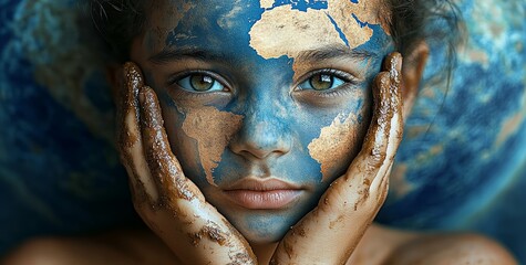 Young Girl with World Map Face Paint Symbolizing Climate Change and Environmental Awareness