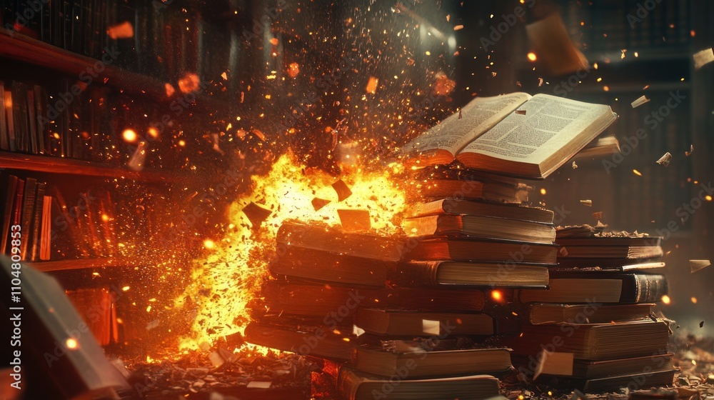 Poster a dramatic scene of an exploding book amidst a pile of books in a library.