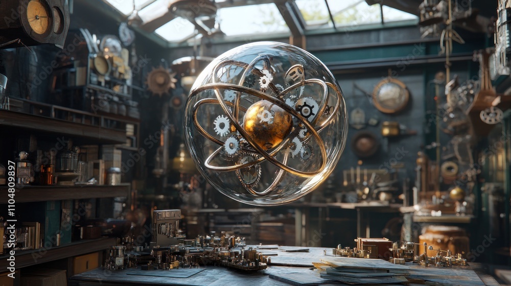 Poster a steampunk-inspired workshop featuring a floating atom model surrounded by various gadgets.