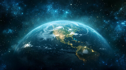 A stunning view of Earth from space, showcasing continents illuminated by city lights against a backdrop of stars.