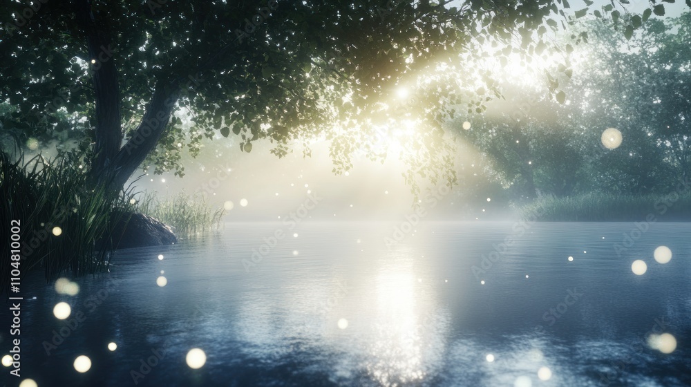 Aufkleber a serene river scene illuminated by soft sunlight and floating particles.