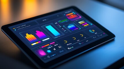 A tablet device showing a gaming app with colorful graphics, a scoreboard, and action buttons on the screen