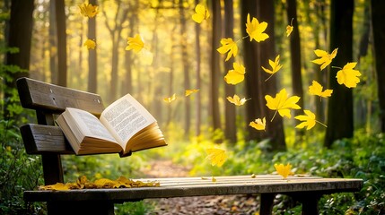 Naklejka premium Open book rests on wooden bench autumn leaves fall