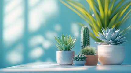 Assorted succulents and cactus in pots on a sunlit table