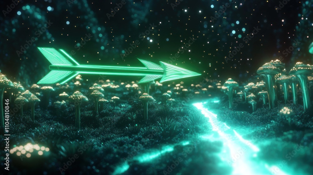 Poster a glowing arrow navigates a surreal landscape of luminous mushrooms and a sparkling stream.