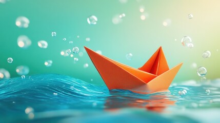 An orange paper boat floats on shimmering water with bubbles in a serene setting.