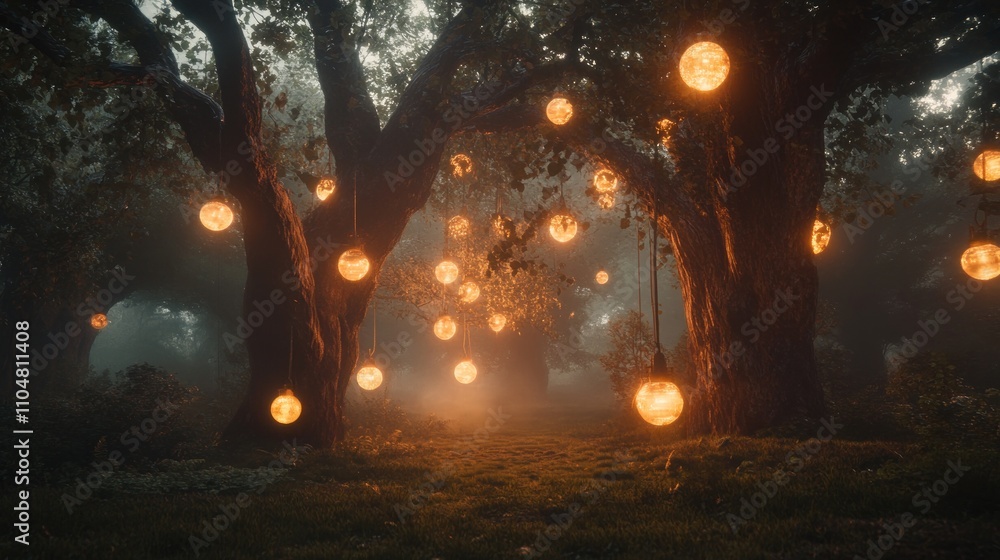 Poster a misty forest illuminated by glowing lanterns hanging from ancient trees.