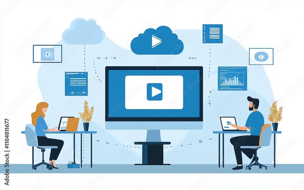 Poster technology cloud computing workspace with team collaboration and video playback illustration