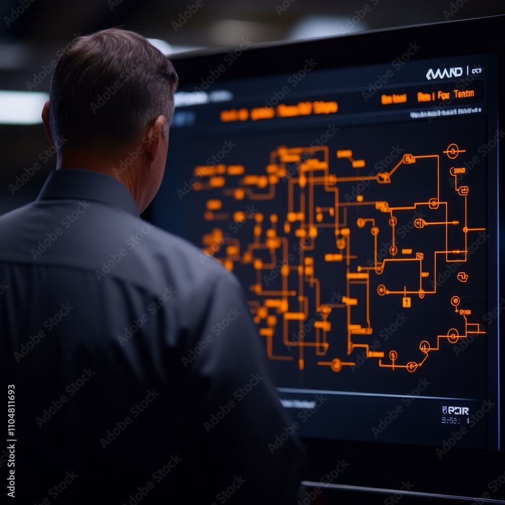 Poster man reviewing complex data on a large screen.