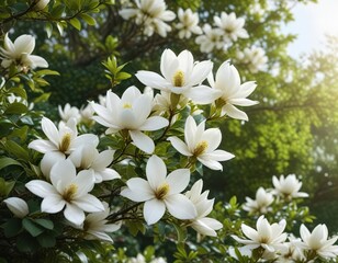 Obraz premium Snow-white magnolia blossoms against a lush green foliage, magnolia, fragrant, spring