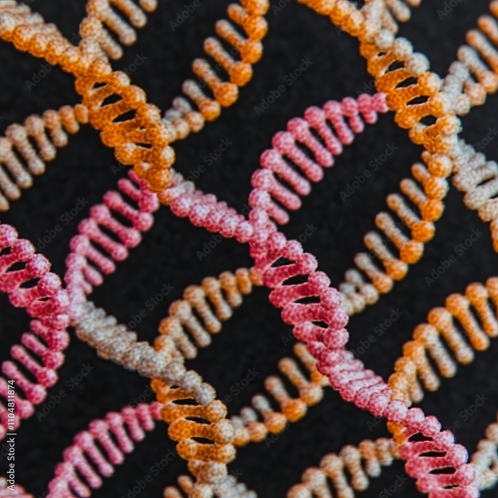 Poster microscopic view of dna strands, intricate helix patterns in vibrant colors against a dark backgroun