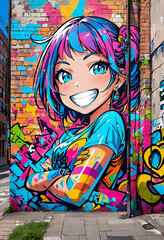 Fototapeta premium 大きく口を開けてわたっているカラフルな髪色をした女の子が描かれたストリートアート,AI画像,Generative AI