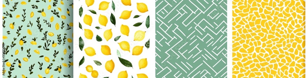 Poster seamless pattern with lemons chevrons dots and abstract elements for fabric textile