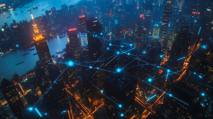 Fototapeta premium Smart digital city with connection cyber security network reciprocity over the twilight cityscape.future wireless digital city and social media networking systems that connects people within the city