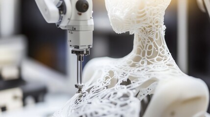 A robotic fashion design studio creating customizable clothing with 3D printing and AI design assistants, Fashion Design style, photo of