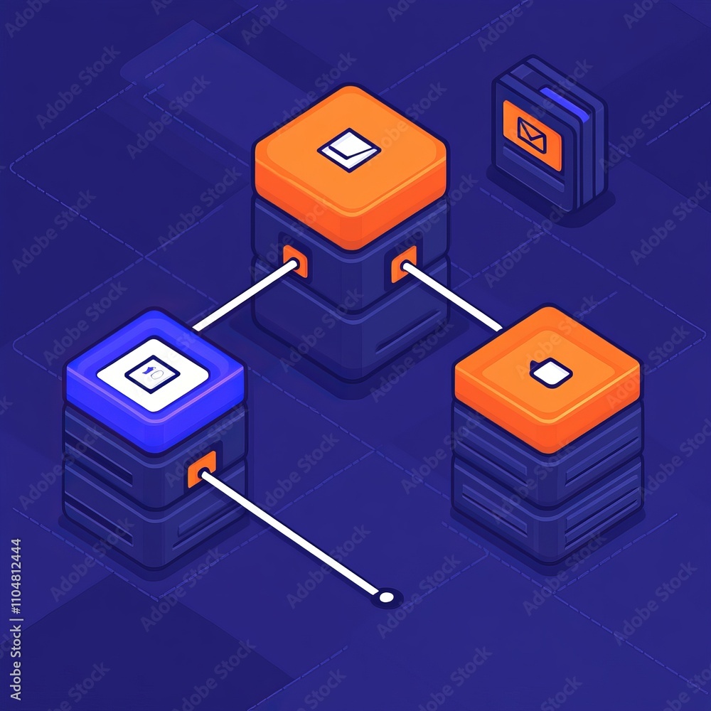 Poster networked data cubes; isometric illustration of data storage and transfer.