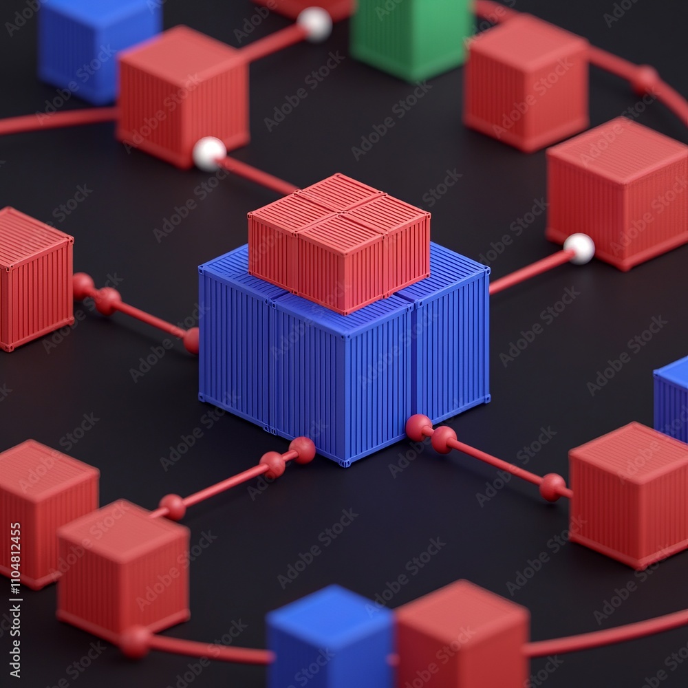 Poster network of interconnected colorful cubes, illustrating data flow and connections.