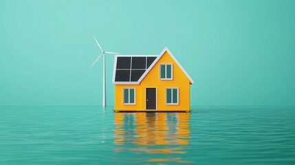 A yellow house equipped with solar panels and a wind turbine, partially submerged in water, symbolizing renewable energy and climate change.