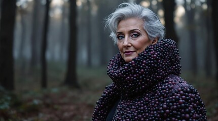 Elegant senior woman in fashionable beaded coat in misty forest scene
