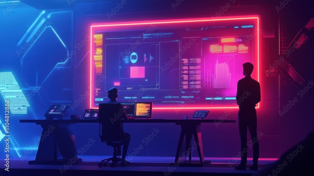 Poster a futuristic control room with glowing screens and figures analyzing data.