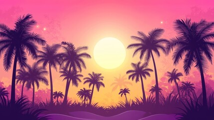 Fototapeta premium A vibrant sunset scene with palm trees silhouetted against a colorful sky.