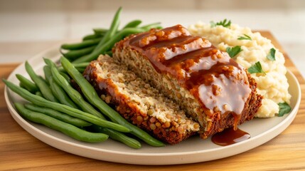Delicious Vegan Lentil Meatloaf with Tangy Glaze and Creamy Mashed Cauliflower - Plant-Based Food Photography