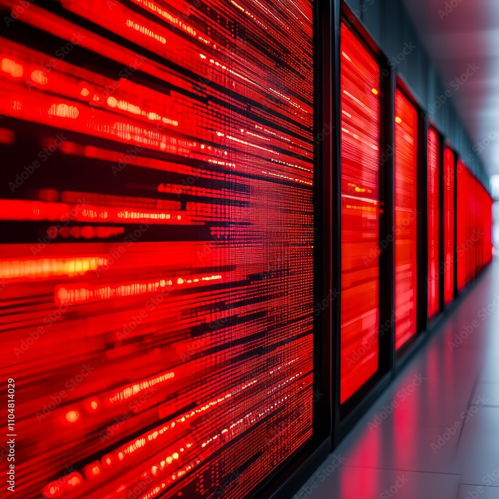 Poster red illuminated server room with data streams.