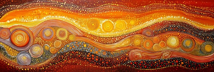 Vibrant Aboriginal Dot Art Painting with Concentric Circles and Wavy Lines in Australian Indigenous Culture
