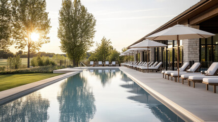 Luxurious poolside retreat with sun loungers and umbrellas at sunset