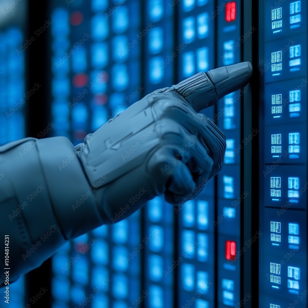 Poster robotic hand interacts with a digital interface displaying data.