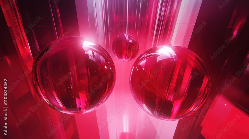 Poster abstract composition featuring glowing red spheres amidst reflective structures.