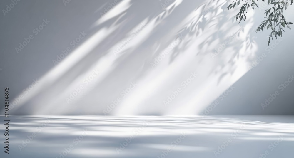 Poster minimalist gray background with elegant shadow effect from tree branches on white wall in bright nat
