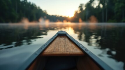Obraz premium Serene Sunrise Canoe Paddle Misty Lake Calm Waters Peaceful Dawn