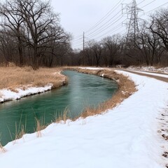 Serene winter scene of a snow-covered river path.