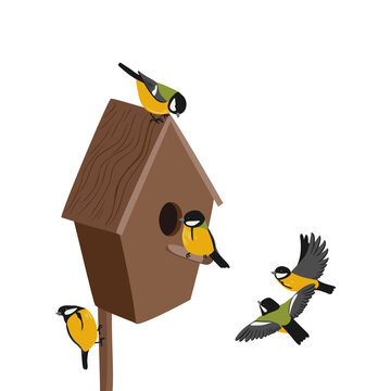 vector drawing wooden birdhouse and great tit birds, nesting boxes isolated at white background, hand drawn vector illustration