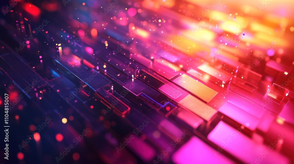 Poster abstract digital background with colorful glowing lines and particles.