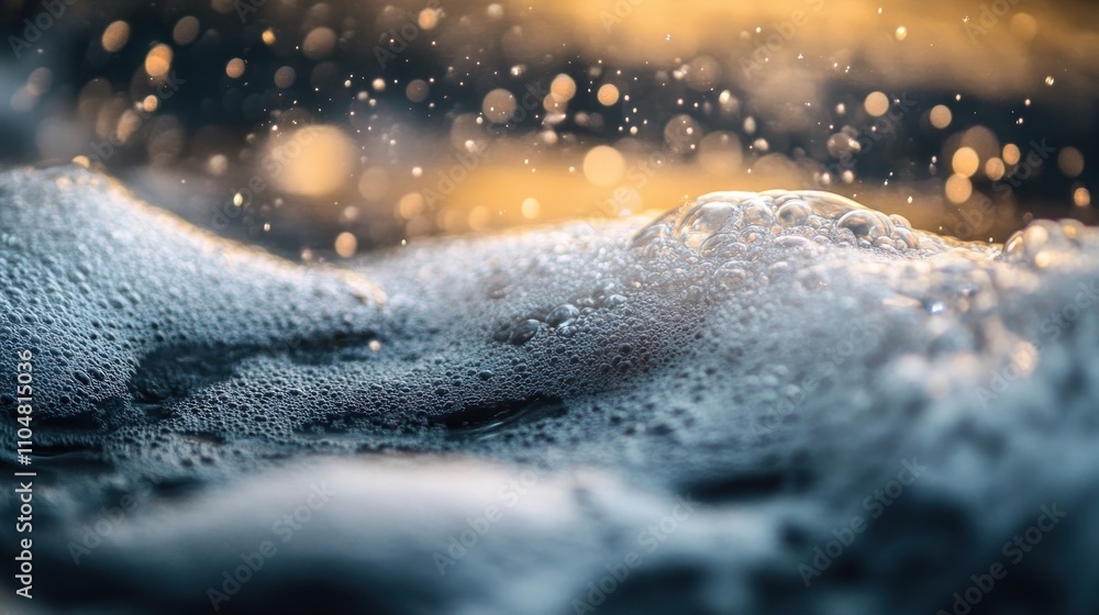 Poster close-up of water with bubbles and light reflections, creating a serene atmosphere.