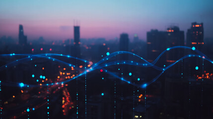 Fototapeta premium Smart digital city with connection cyber security network reciprocity over the twilight cityscape.future wireless digital city and social media networking systems that connects people within the city