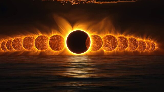 A series of suns and a large black circle in the middle