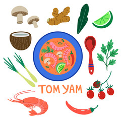 Tom yam soup, tom yum. Traditional Thai food, top view of meal and ingredients. Illustration in colorful trendy style.