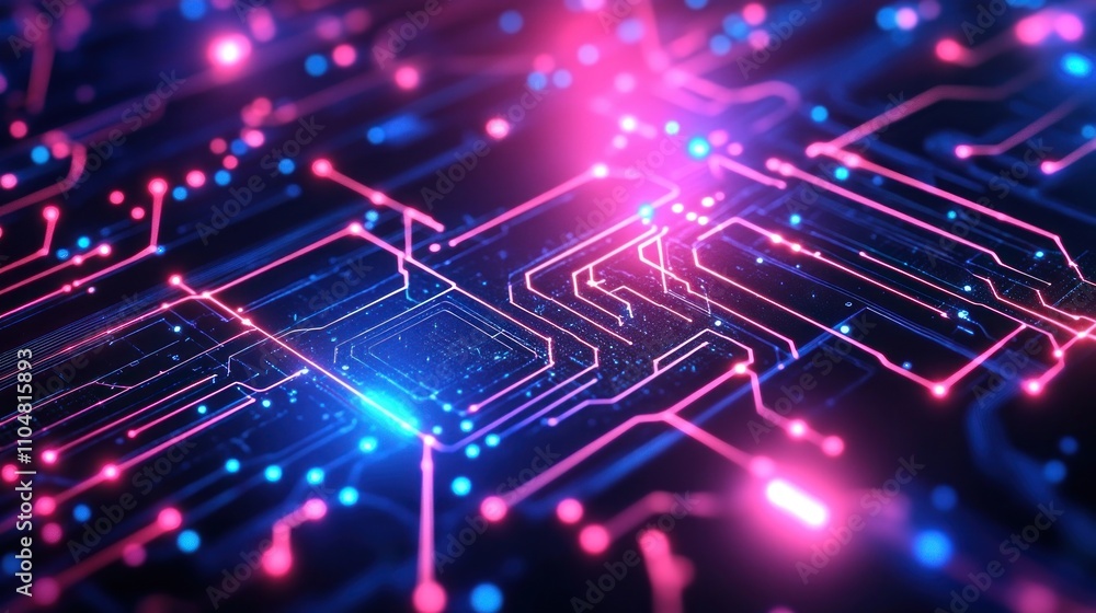 Poster abstract digital circuit design with vibrant colors and glowing lines.