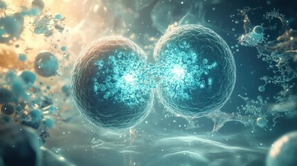 A hyper-realistic 3D rendering of a microscopic view of the process of cell division. The parent cell is glowing softly in a bluish hue, splitting into two perfectly spherical daughter cells 