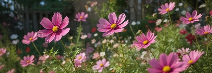 Cosmos flower with vibrant pink petals in a garden setting, garden, cosmos